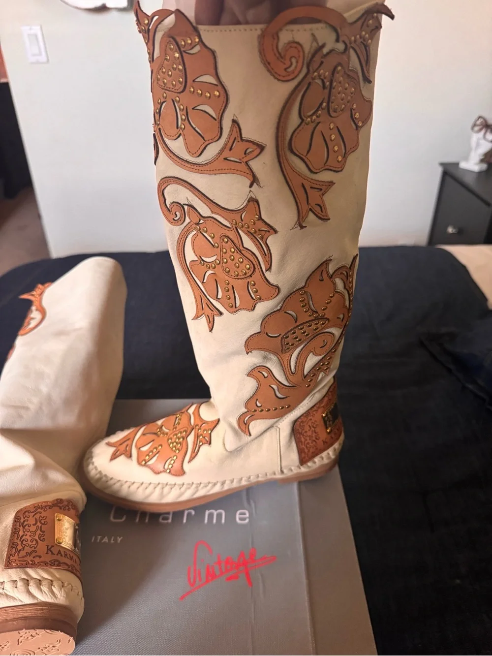 Free People Cream Over-the-Knee Boots with Tan Floral Applique
